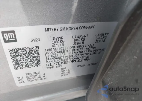 2024 Chevrolet Trax Fwd Activ z USA, uszkodzony, nr VIN KL77LKE20RC029986